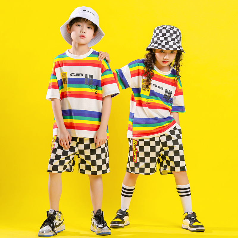 어린이 힙합 의상 여름 소년 소녀 패션 느슨한 반팔 스트라이프 티셔츠 격자 무늬 짧은 재즈 댄스 의상 의류 착용